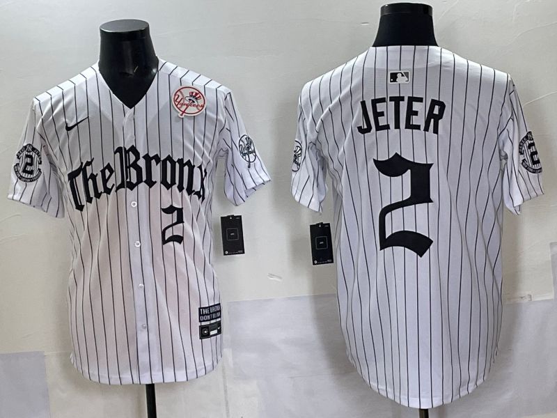 Men 2025 New York Yankees #2 Jeter White Stripe Five generations Joint Name Nike MLB Jersey style 07